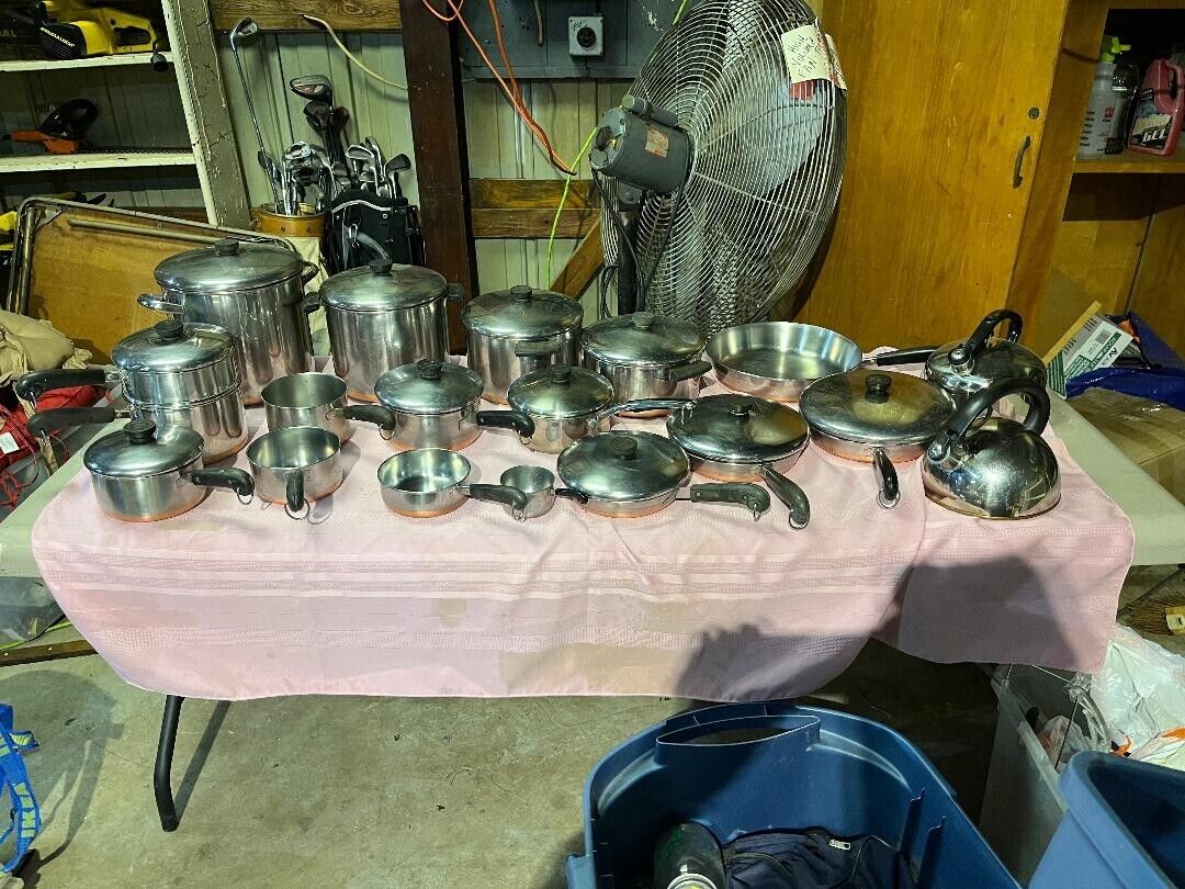 LOT (30) Vintage REVERE WARE Copper Bottom set Pot Pans Lids TEA pot, RED 30%