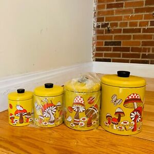 Vintage MCM Ransburg Psychedelic Mushroom Butterfly Yellow Canister Set