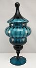 Vtg 14.25" Empoli Art Glass MCM Apothecary Pedestal Jar Teal Blue w/Lid GORGEOUS