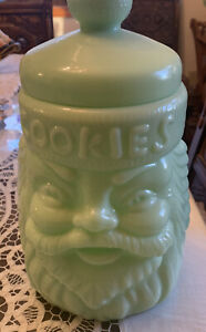 Vintage Cracker Barrel Jadeite glass Santa cookie jar with lid, mint condition