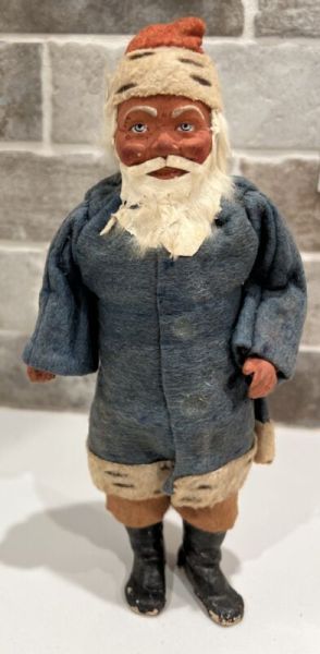Vintage German Belsnickle Santa Figure Clay Face Hands Felt Suit Hat,Black Boots