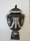 Rare Wedgwood Black Basalt Jasperware Neoclassical Urn w Ram's Heads H 14" AS IS