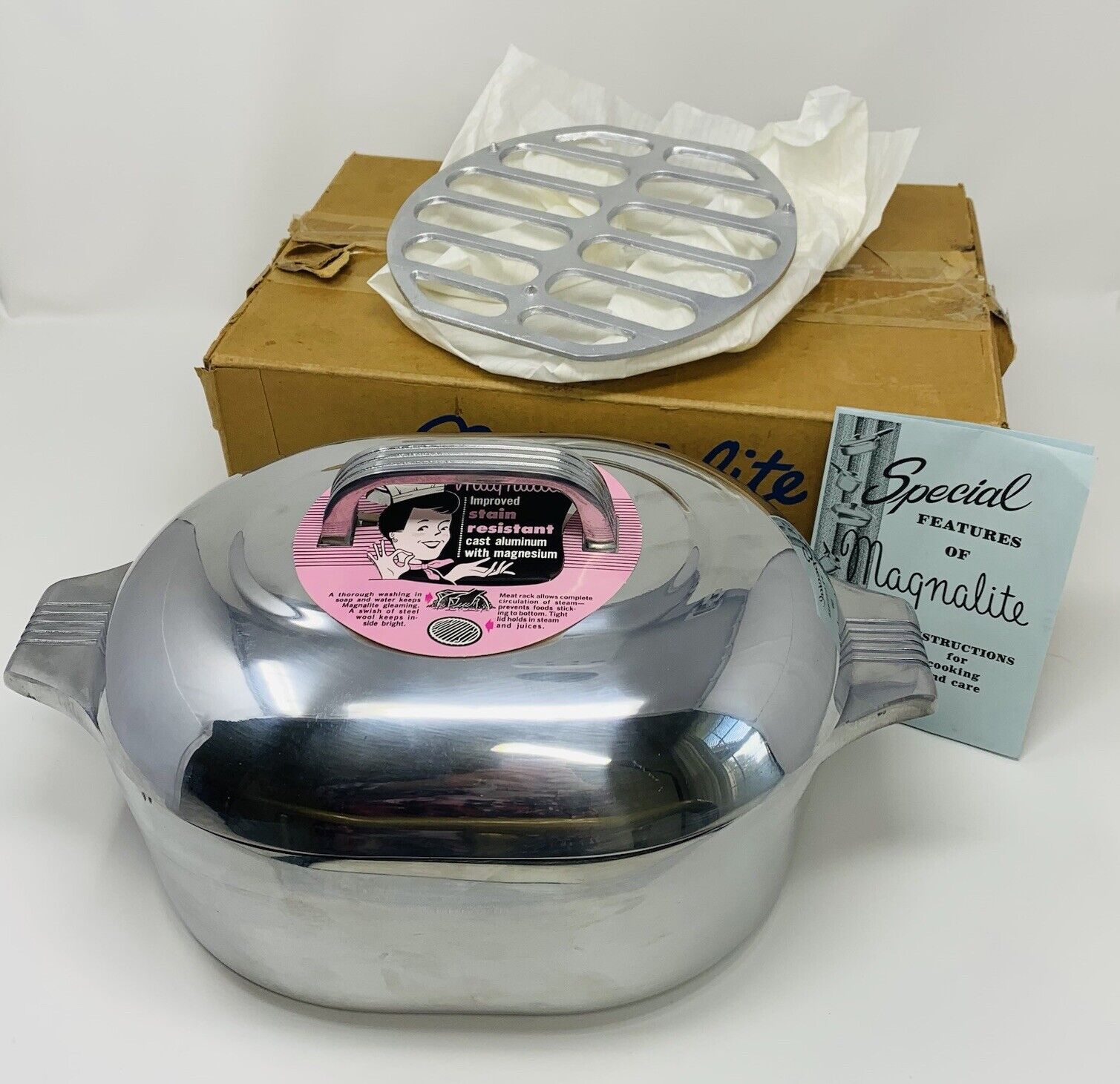 Magnalite 4263 4.5 Quart Roasterette Roaster Lid Trivet Box Wagner Ware Vintage