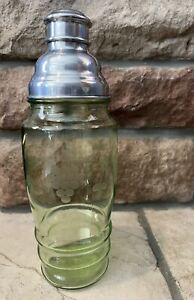 VINTAGE URANIUM GLASS COCKTAIL SHAKER W/LID ENGRAVED CUT GLOWS EUC ??