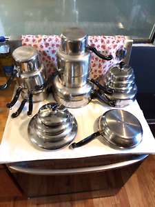 New ListingVTG FARBERWARE 18 PC SET STAINLESS Steel ALUMINUM Clad POTS PANS LIDS!