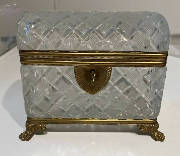Vintage French Crystal Casket Box Domed Lid Claw Feet Baccarat Style With Key