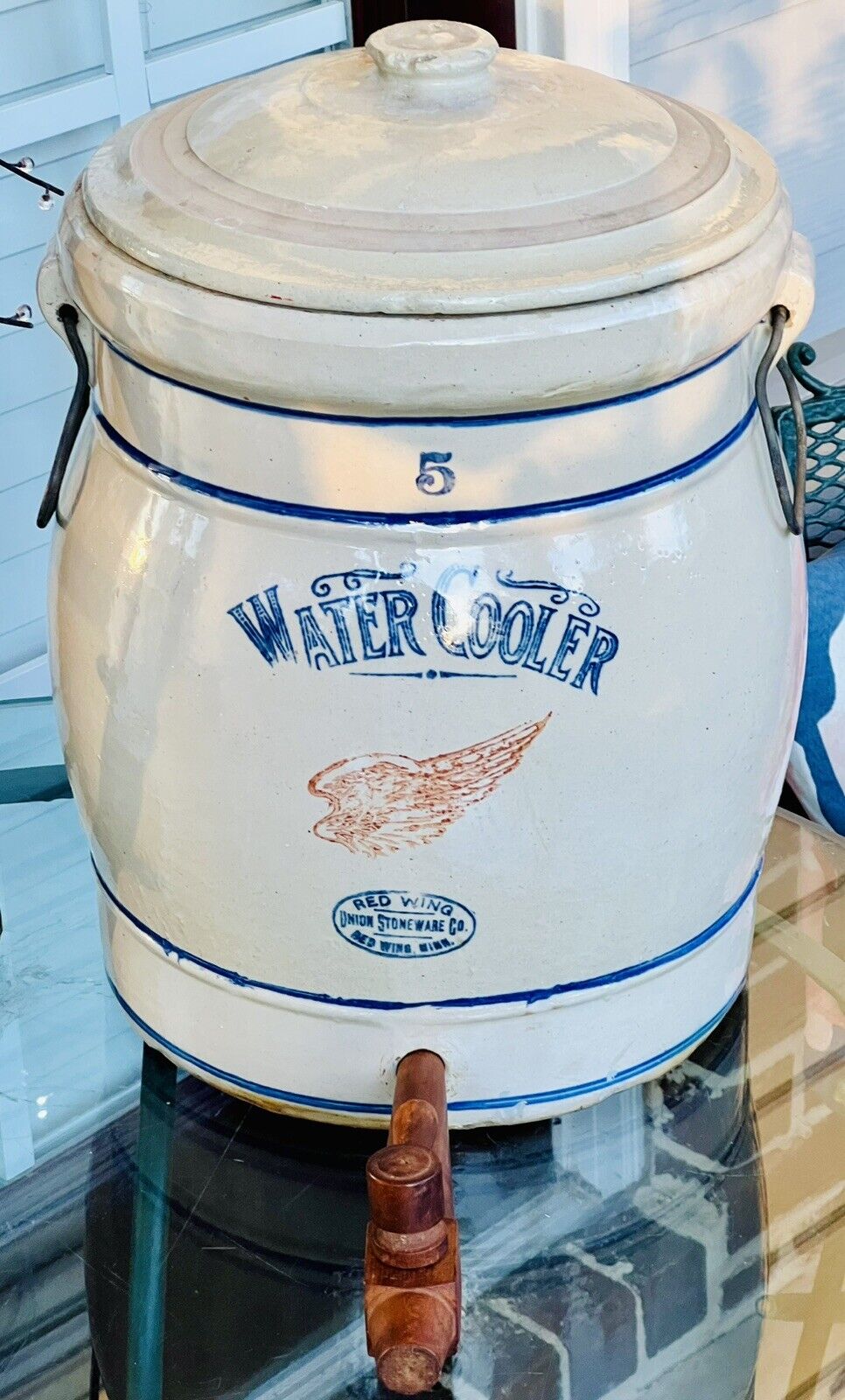 Red Wing 5 Gal. Water Cooler, Bail Handles, Union Stoneware Co, 1920-1930