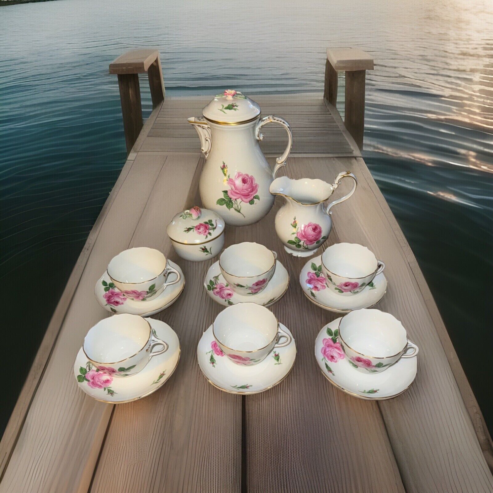 Meissen Pink Rose Porcelain Teapot -Sugar Bowl W/lid-Creamer- 6 Cups-6 Saucers