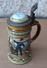 Vintage Mettlach No. 2030 Soldiers and Tomcat Stein Pottery Etched Inlaid Lid