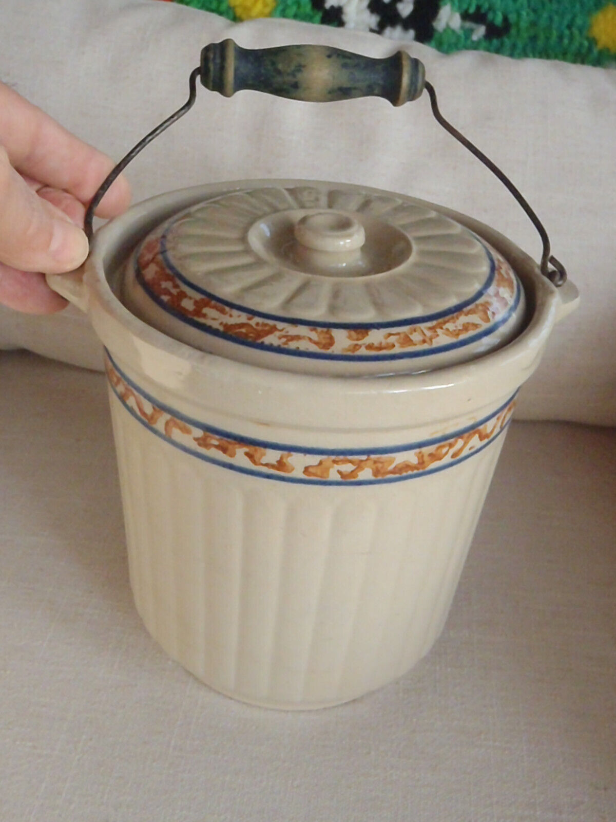 VINTAGE RED WING GREY LINE SPONGE BAND BUTTER PAIL CROCK #5 WITH GOOD LID H.T.F.