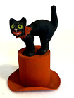 GERMAN COMPOSITION BLACK CAT ON HAT CANDY CONTAINER VINTAGE HALLOWEEN ANTIQUE