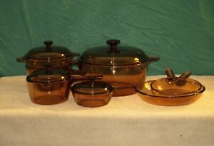 Vintage 1980's Corning Vision Transparent Amber 11 Piece Cookware Set w/ Lids