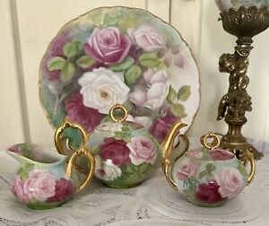 Antique Limoges French 3 Piece Teapot Set Hand Painted Pink Roses & Gilding
