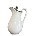 New ListingRARE~ English ANTIQUE WHITE IRONSTONE SYRUP PITCHER pewter lid w unicorn Patina