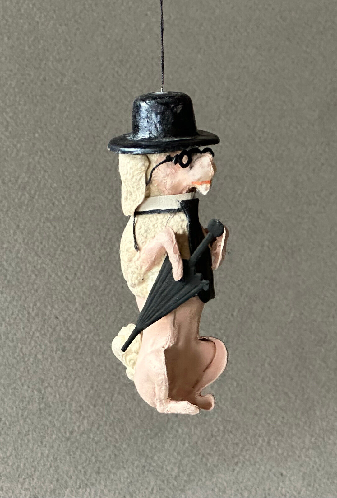 RARE Dresden BEGGING POODLE w GlassesTie & Hat German Antique Christmas Ornament