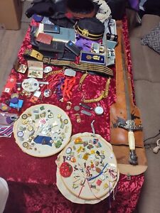 Vintage Masonic Sword ,Hat ,Lot Medals Pins Cross Goth