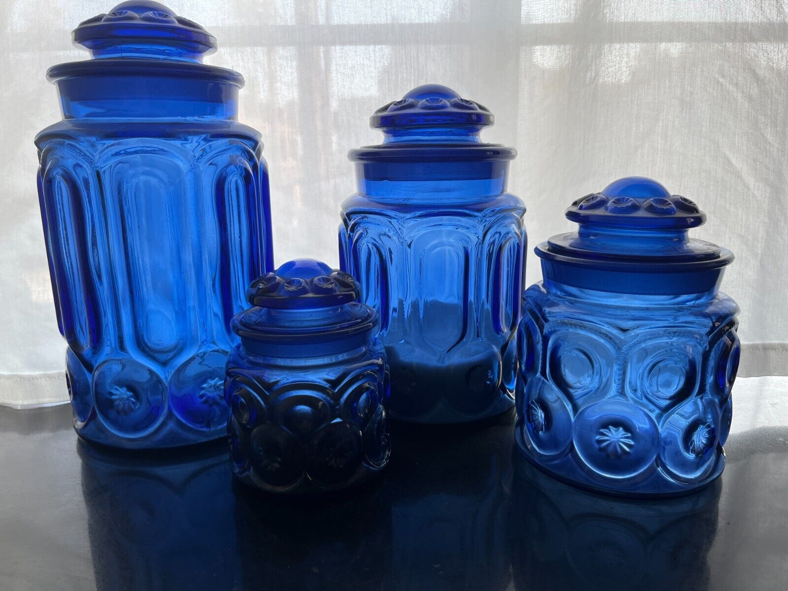 Vintage Smith Glass Cobalt Moon & Stars Flour Sugar Coffee Tea Canister Jar Set