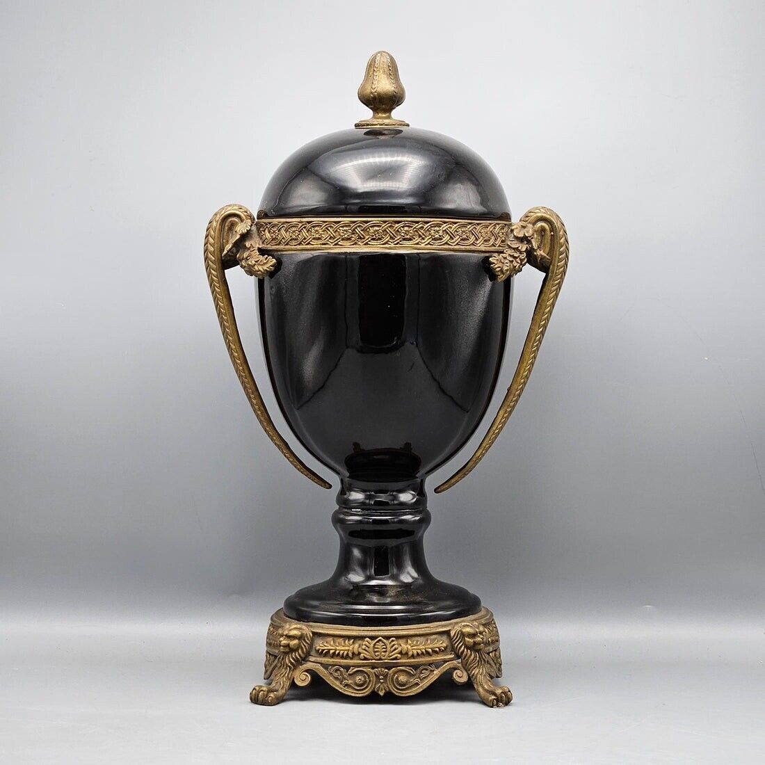 Vintage Neoclassical Black Porcelain & Lion Head Bronze Mount Vase With Lid Urn