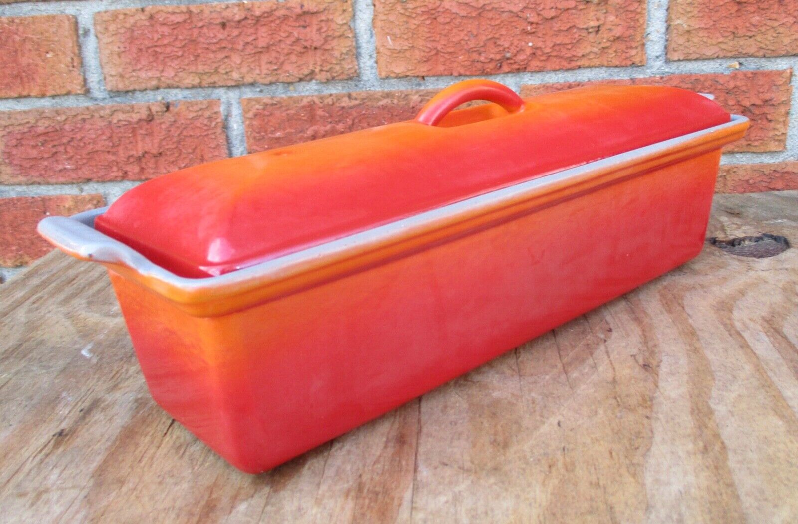 VINTAGE Le CREUSET FLAME ORANGE & GREY 32 CM TERRINE & LID MADE IN FRANCE