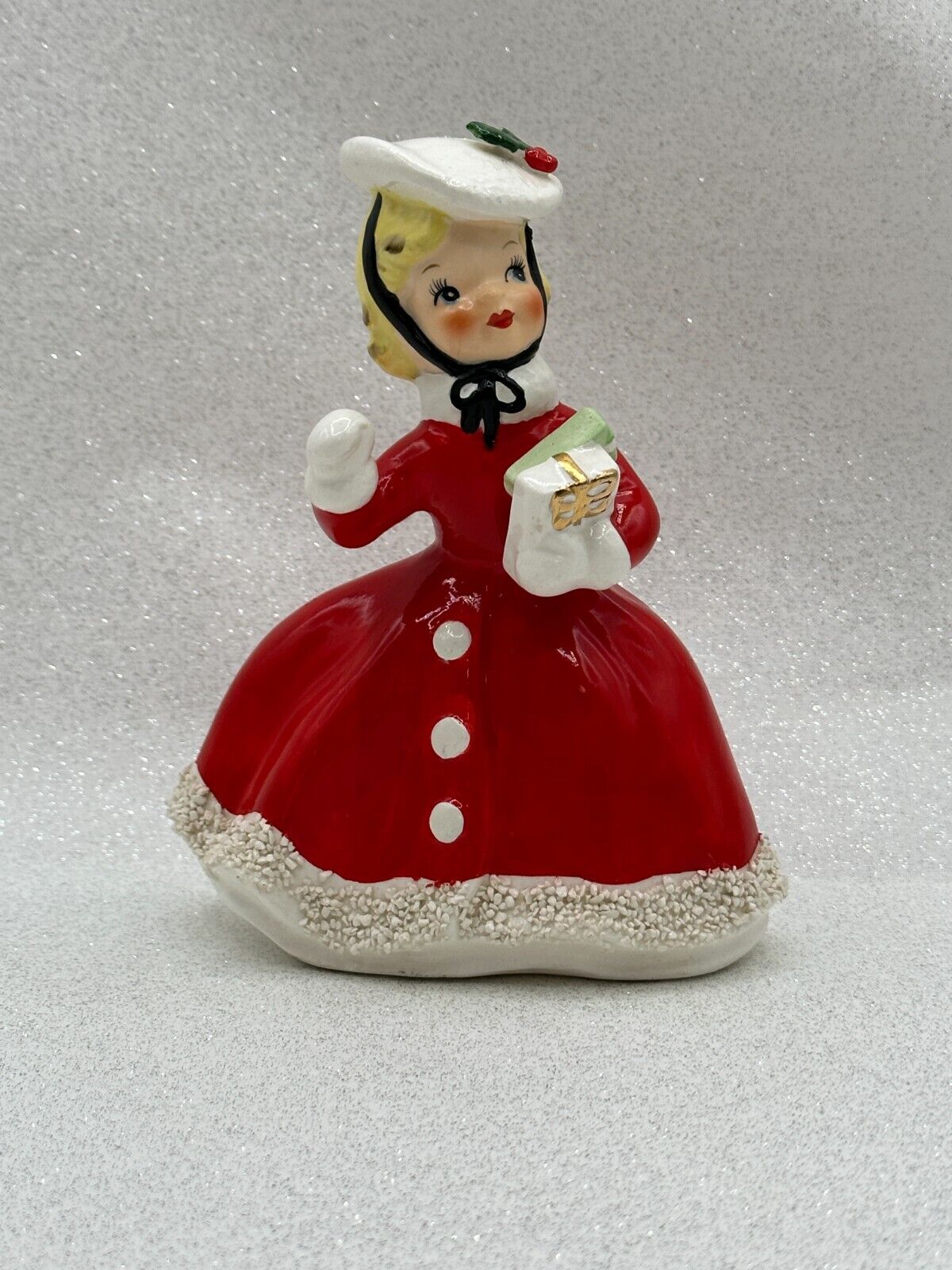 Vintage Rare Norcrest Christmas Shopper Girl Red Dress Hat Gifts Figurine READ