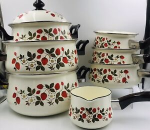 12 Pcs. Sheffield Strawberries n Cream Enamelware Cookware Set Vintage Pots Pans