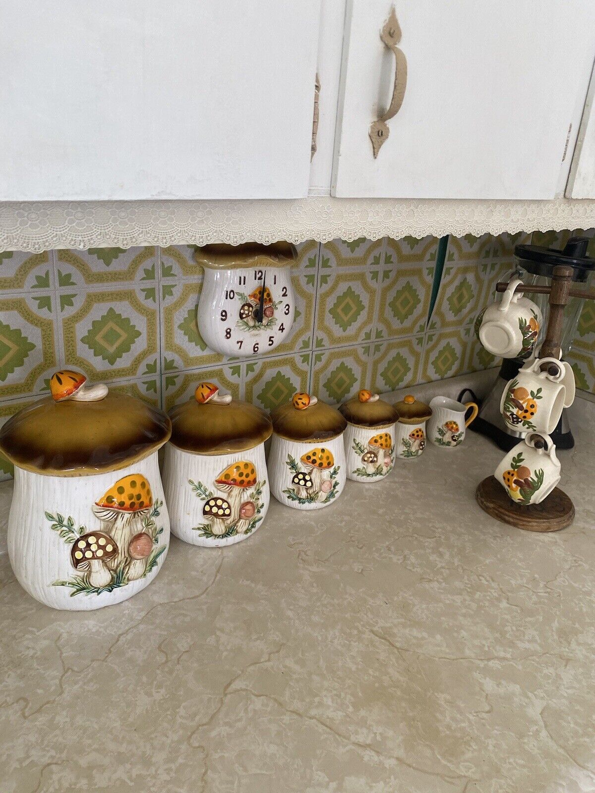 1970s Sears Roebuck Merry Mushroom Canister Set + Clock + Tea Cups