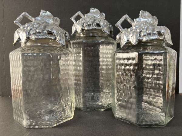 VINTAGE Arthur Court 2002 RETIRED 3 Canister Dimpled Glass Grapevine Lid Signed