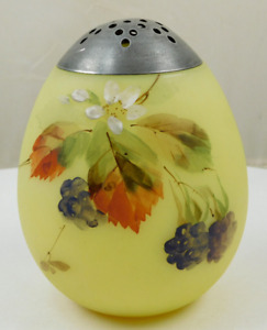 Victorian Mt Washington Burmese Glass Berry Leaves Decorated Egg Sugar Shaker
