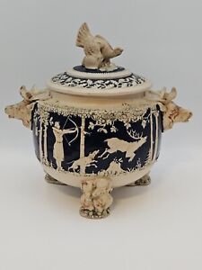 German Hunting Scene Footed Dogs Majolica Soup Tureen with Lid ~ W Mark