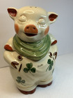 Shawnee Pottery “ Smiley” Pig Cookie Jar 1942 Rudy Ganz Design Green W/ Shamrock