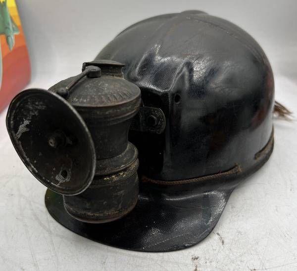 Vtg MSA Comfo Cap Coal Miners Tiger Strip Hard Hat With Lining And AutoLite Lamp