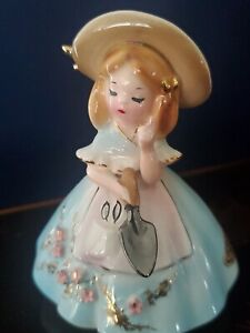 VINTAGE JOSEF ORIGINALS FIGURINE GARDEN GIRL WITH HAT Gold Accents