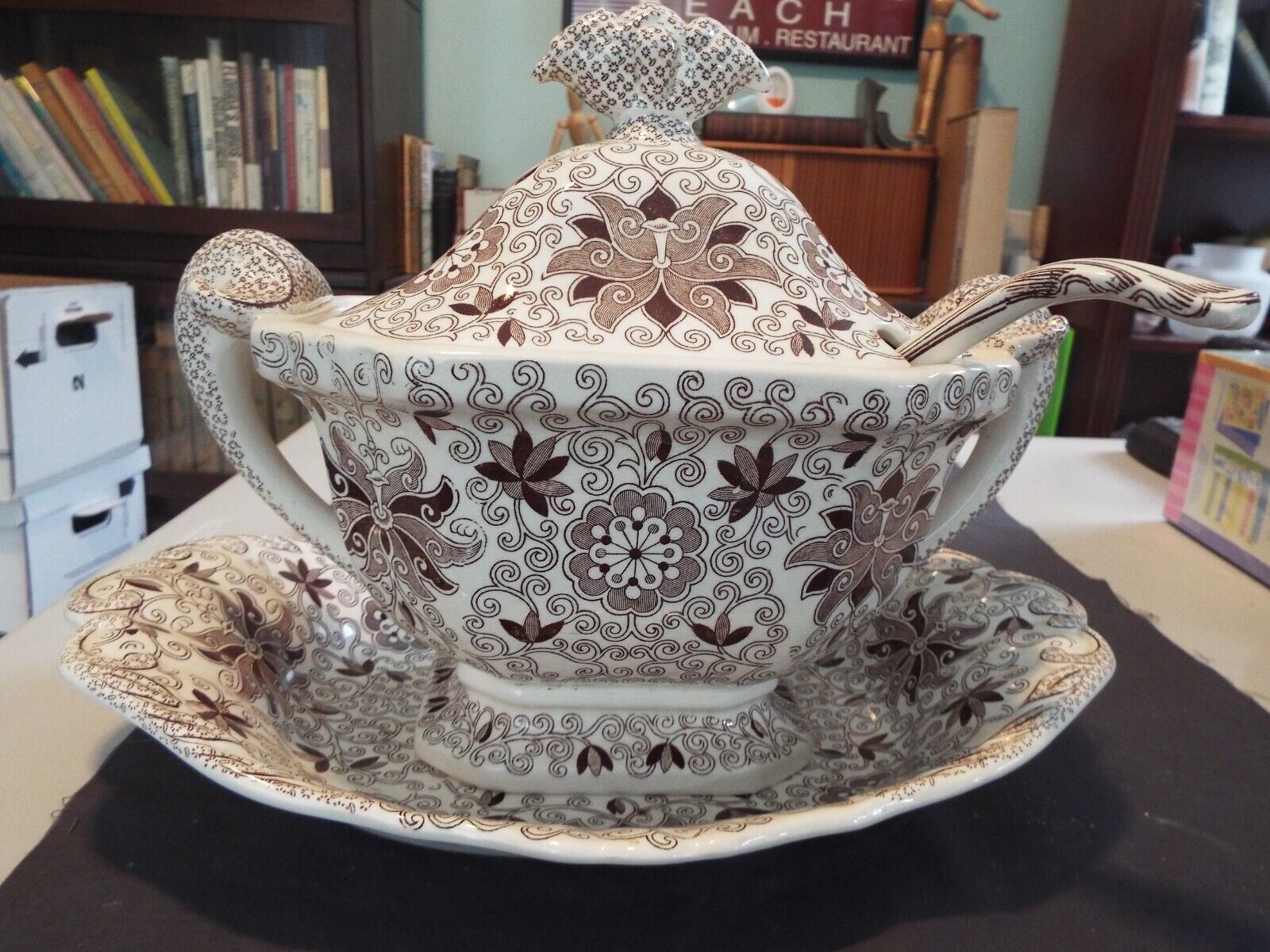 IRONSTONE SOUP TUREEN /LADLE / UNDERPLATE MASON S SERVING PIECE VINTAGE BOW BELL