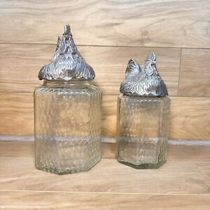 Arthur Court Aluminum Rooster Chicken Dimpled Glass Canister Jars Vintage READ