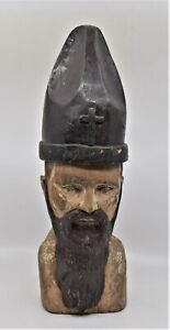 Antique Christian Religious Wood Carving Bishop hat cross Statue Sculpture large