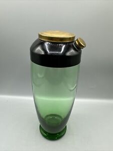 Vintage Cocktail Shaker Green Glass Black Enamel Lid Brass Cap Pour Spout 10"