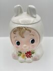 RARE Vintage Lefton Little Pixie Baby with Bunny Ears Cookie Jar with lid