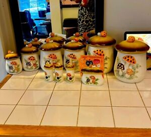 Vintage 1978 Sears Merry Mushroom 10 Piece Canister Set Lids, Shakers & Napkin