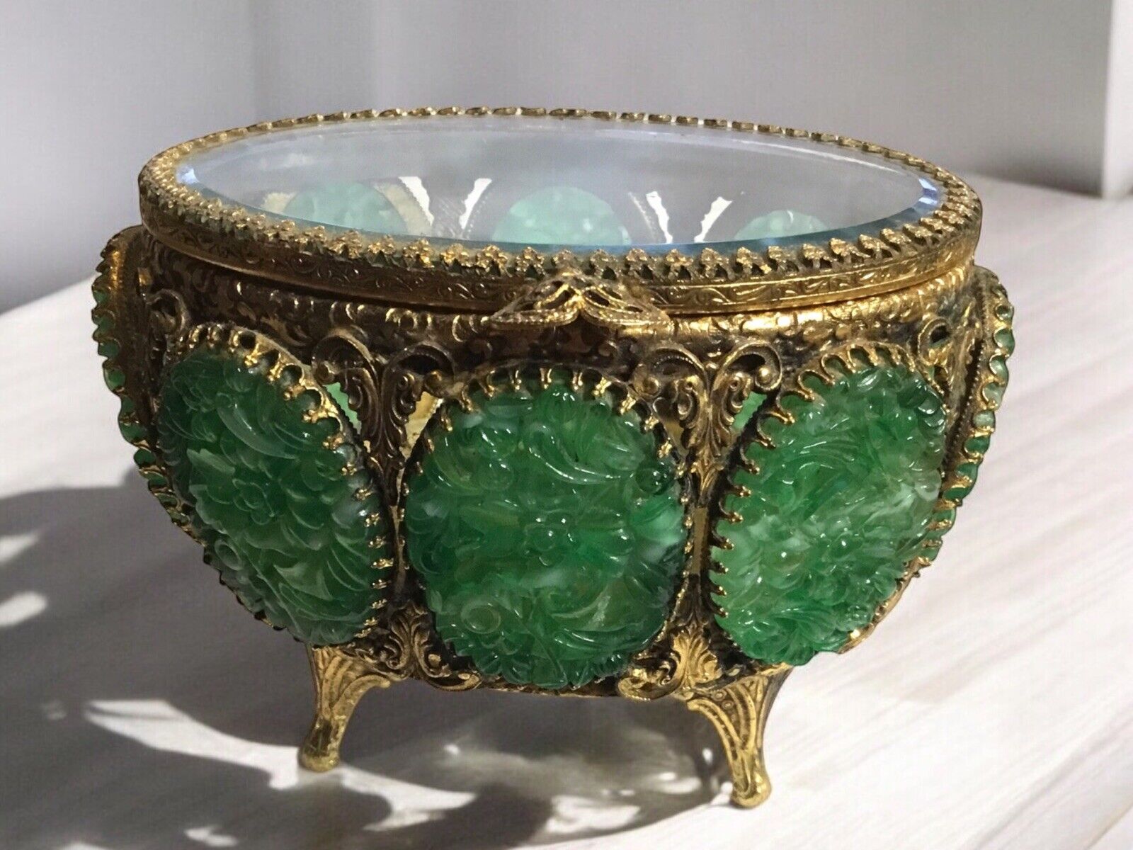 Ornate Vintage Ormolu Jewelry Casket Trinket Box Jade Art Glass Beveled Lid READ