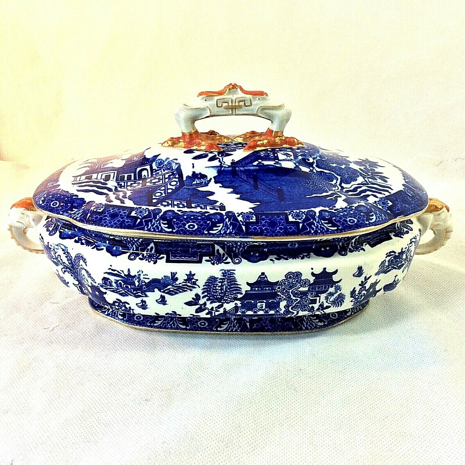 ROYAL WORCESTER ANTIQUE BLUE WILLOW TUREEN ELEPHANT HANDLES LID CLAW FOOT BIRDS