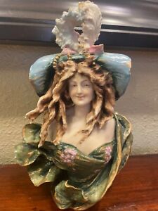 Antique Art Nouveau Teplitz Bohemia Porcelain Bust HAT FACE BREAST Austria