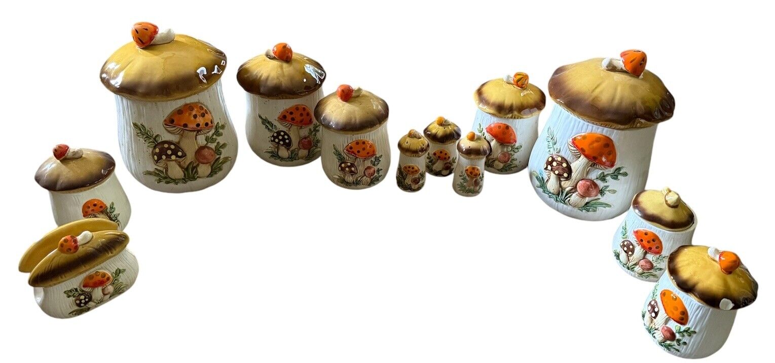 1970s Merry Mushroom Sears Roebuck Napkin, Shakers, Canister Set of 12 VTG 1976