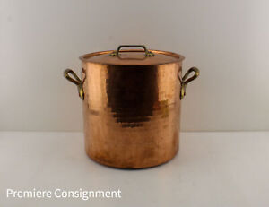 Vintage Hammered Copper Stock Pot w/ Lid Brass Handles Made in France Heavy Duty