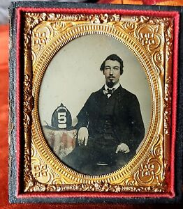 Sixth Pl 1850s Ambrotype Firemen With Hat "INDEPENDANT 5"