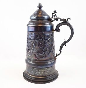 Vintage 925 STERLING Beer Stein Lid Lidded 8 3/4” Tall Filigree Ornate Artwork