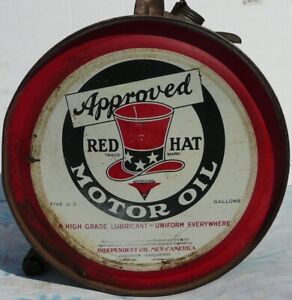 Vintage Red Hat Motor OIL 5 gallon Rocker Service Station Garage Oil Can