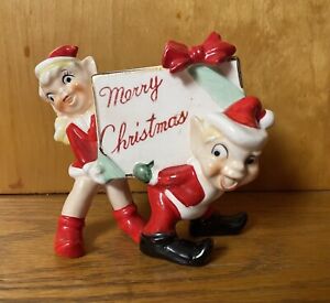 Vintage Merry Christmas Kreiss Pixie Elves Carrying Present Elf Santa Hat Japan