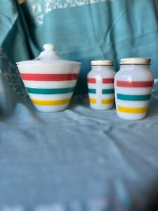 MCM Fire King Anchor Hocking Colonial Bands Striped Grease Jar & Salt & Pepper