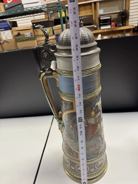 Mettlach 2455 Antique Vintage Large German Beer Stein 2 Feet Pewter Lid (Read)