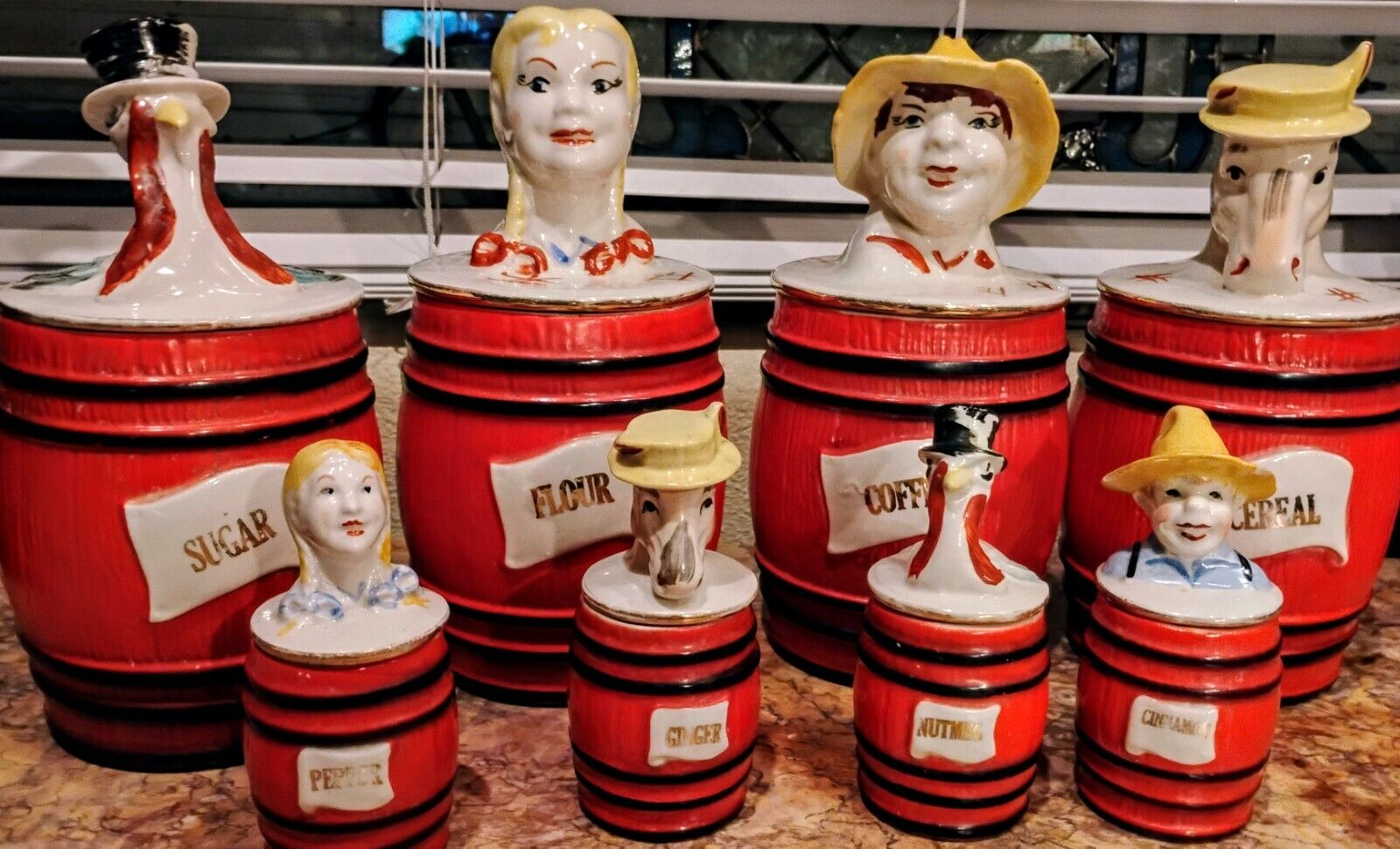Antique Old McDonald's Farm (4) Canister Set (4) Spice set Regal China VG+